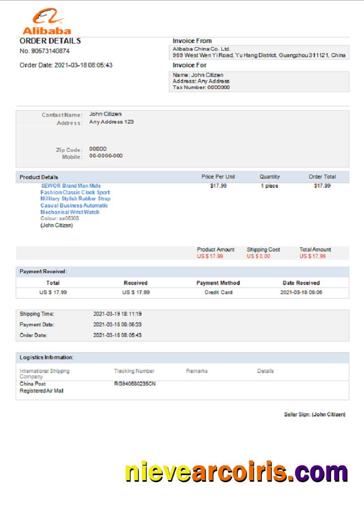 USA Alibaba invoice